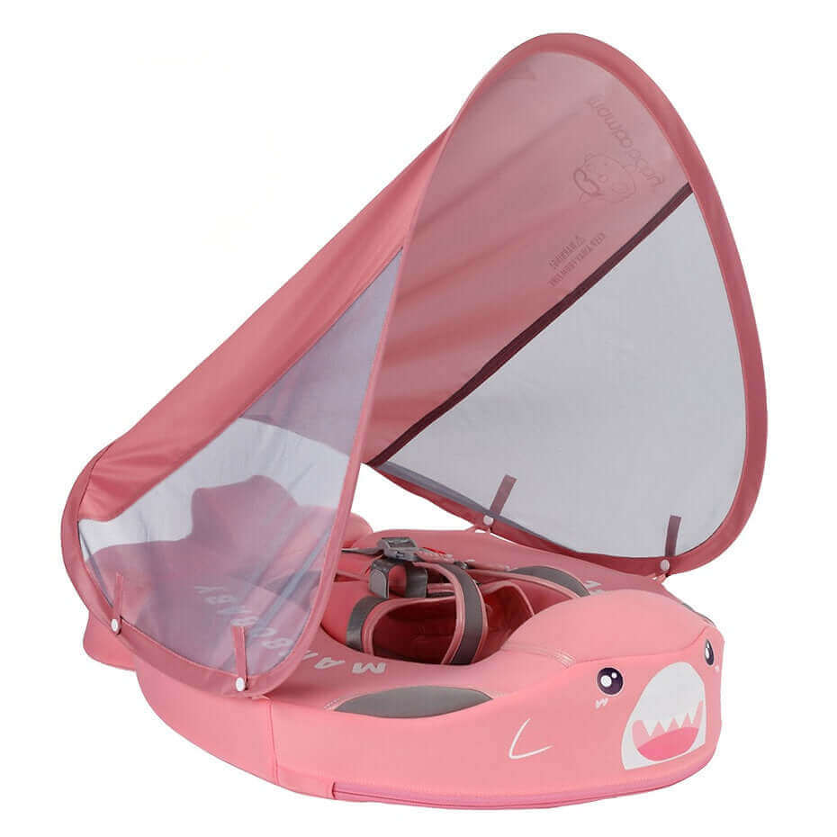 Detail van de Roze Haai Mambobaby Float die gebruikt wordt als zwemtrainer voor baby's.