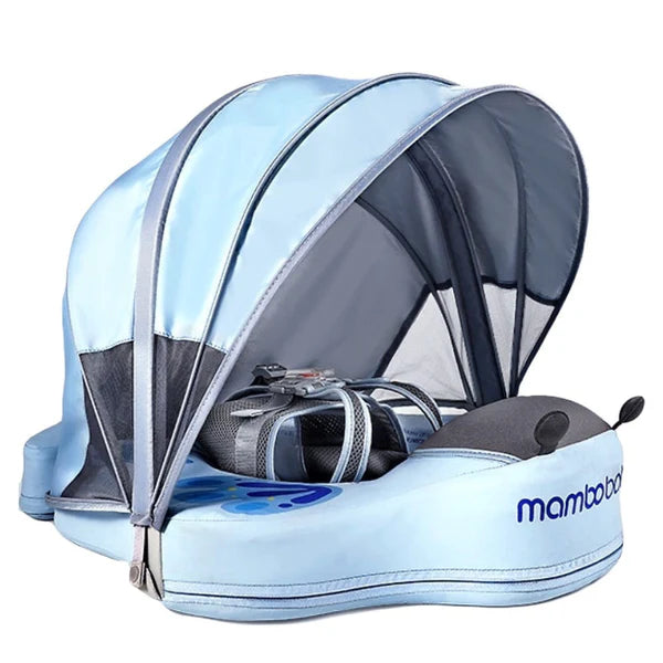 "Hoofdafbeelding van de Mambobaby Blauwe Vlinder Zwemband (Onzinkbaar) met Verstelbare Zonnekap, geschikt voor baby's van 3 tot 24 maanden."
