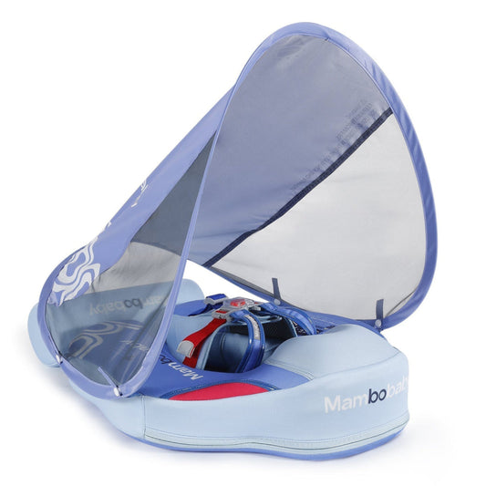 De Mambobaby™ Contrast Zwemtrainer voor baby's van 3-24 maanden. Luxe onzinkbare baby float met een modern zwart-wit design, inclusief afneembare UPF 50+ zonnekap en stabiel 5-punts veiligheidsharnas.