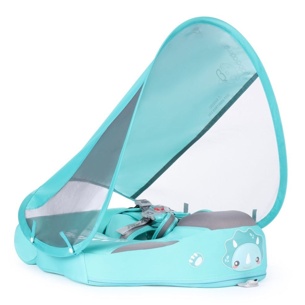 De veilige en onzinkbare Mambobaby™ Dinosaurus Float in lichtblauw. Voorzien van een UV-beschermende zonnekap en 5-punts veiligheidsharnas, ideaal en handig voor baby's van 3-24 maanden.