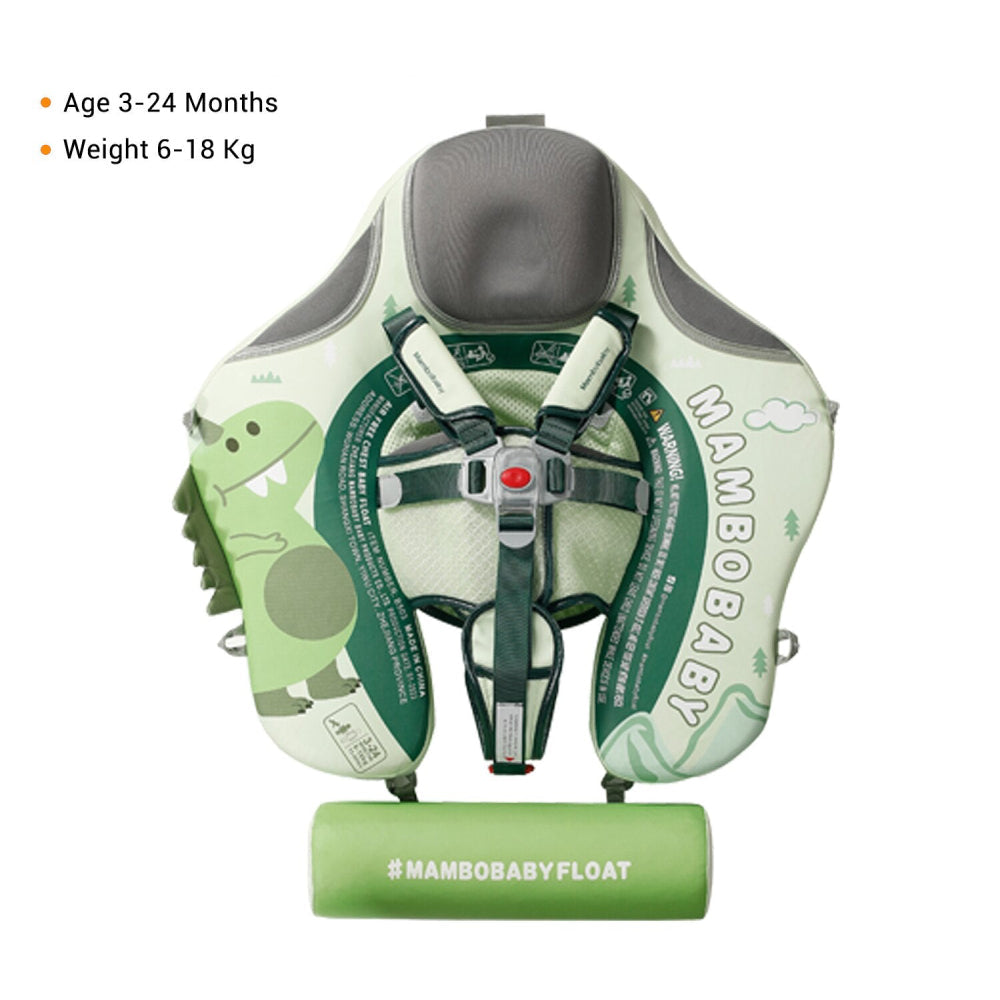 Lichtgroene Mambobaby™ Dinosaurus Zwemtrainer voor baby's van 3-24 maanden. Luxe onzinkbare baby float inclusief afneembare UPF 50+ zonnekap en veiligheidsharnas.