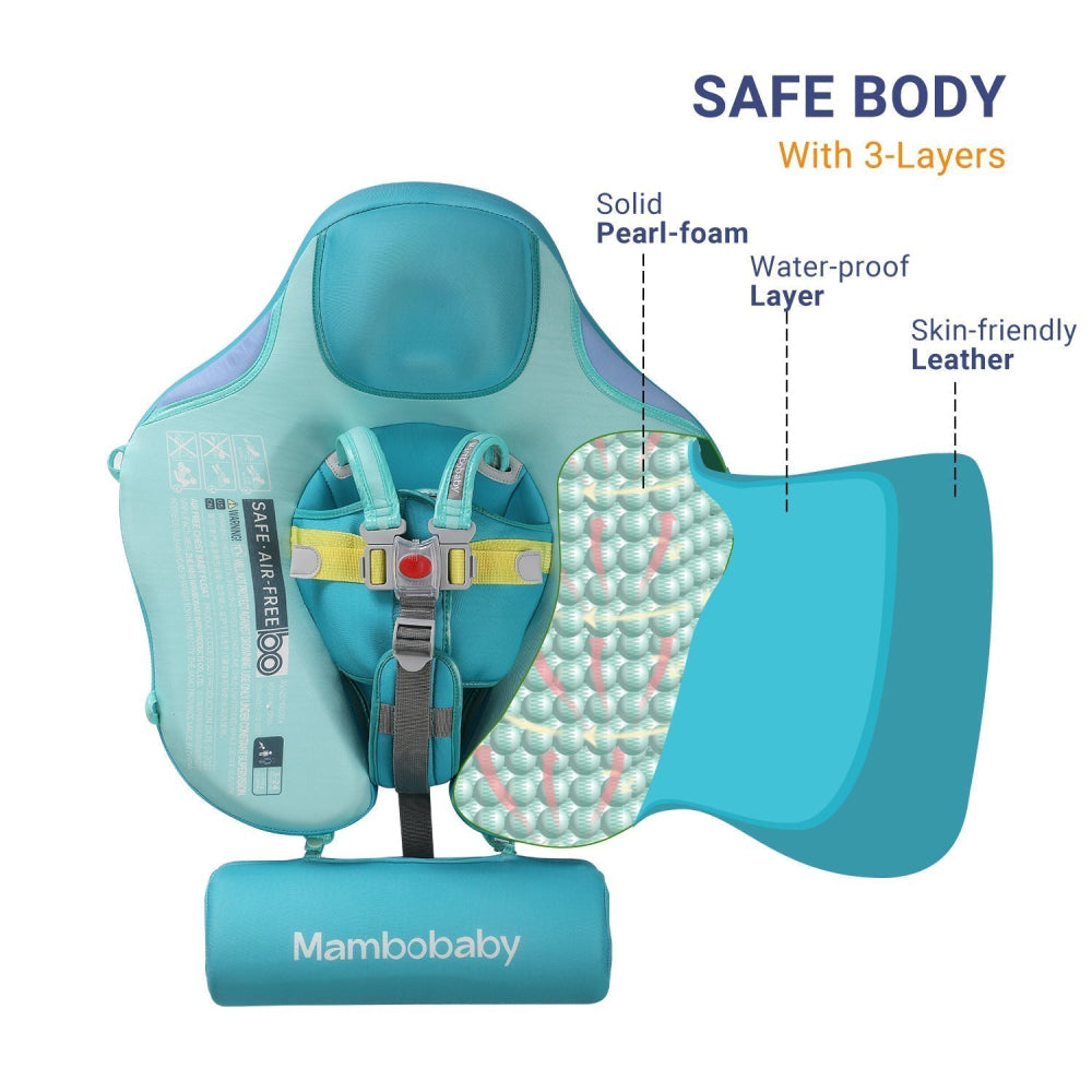 Mambobaby™ Dinosaurus Zwemtrainer in lichtgroen voor baby's van 3-24 maanden. Een onzinkbare baby float met afneembare UPF 50+ zonnekap voor maximale veiligheid en comfort.