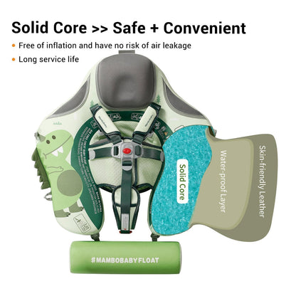 Mambobaby™ Dinosaurus Zwemtrainer in lichtgroen voor baby's van 3-24 maanden. Een onzinkbare baby float met afneembare UPF 50+ zonnekap voor maximale veiligheid en comfort.
