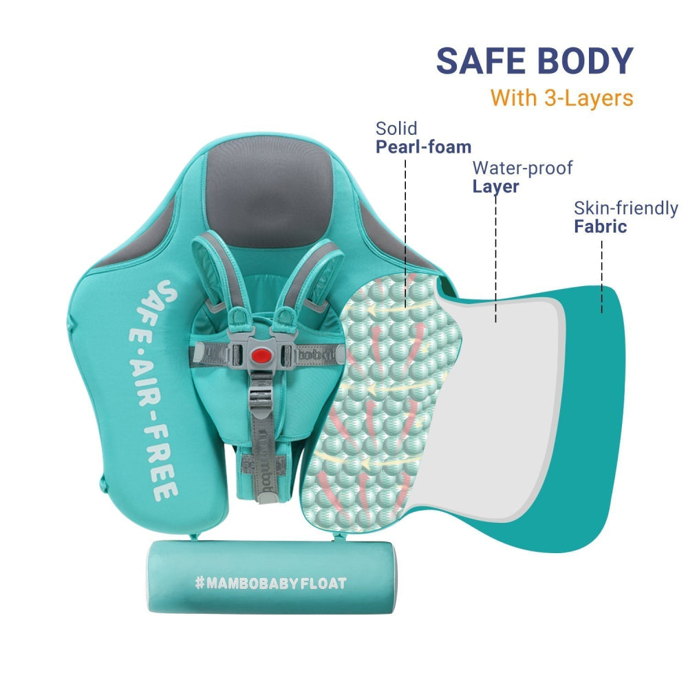 Mambobaby™ Dinosaurus Zwemtrainer in lichtgroen voor baby's van 3-24 maanden. Een onzinkbare baby float met afneembare UPF 50+ zonnekap voor maximale veiligheid en comfort.