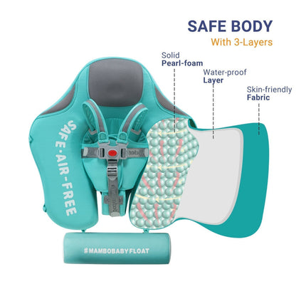Mambobaby™ Dinosaurus Zwemtrainer in lichtgroen voor baby's van 3-24 maanden. Een onzinkbare baby float met afneembare UPF 50+ zonnekap voor maximale veiligheid en comfort.