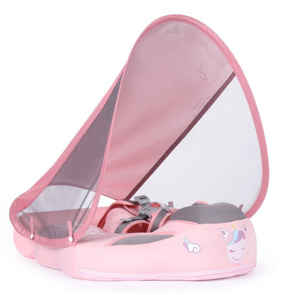 De roze Mambobaby™ Eenhoorn baby float (3-24 maanden). Luxe onzinkbare babyzwemband met afneembare UPF 50+ zonnekap en gepatenteerd 5-punts veiligheidsharnas voor veilig waterplezier.