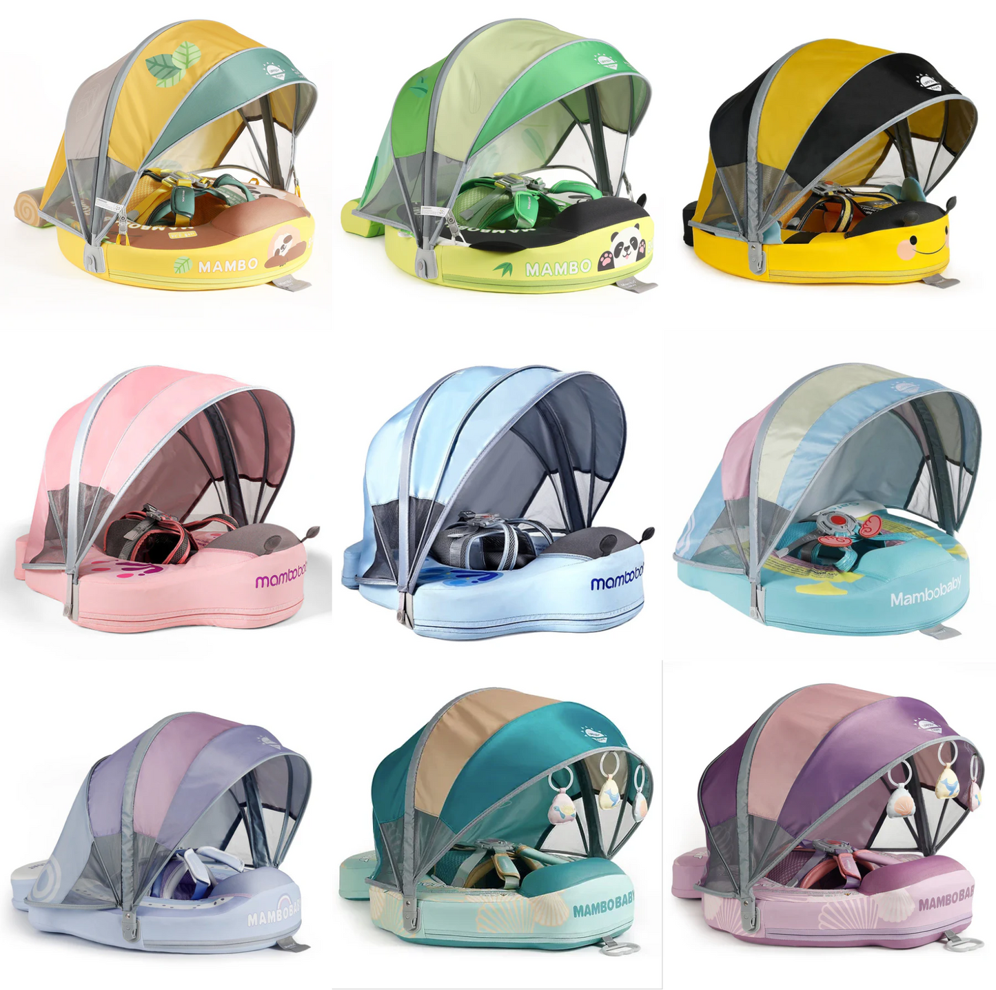"Overzicht van alle 9 Mambobaby Zwemband (Onzinkbaar) varianten met UPF 50+ Zonnekap, inclusief de Gele Bij, Roze Vlinder, Blauwe Vlinder, Panda, Luiaard, Groene en Paarse Schelp, en Groene en Paarse Regenboog modellen, geschikt voor 3-24 maanden."