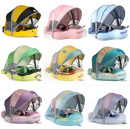 "Overzicht van alle 9 Mambobaby Zwemband (Onzinkbaar) varianten met UPF 50+ Zonnekap, inclusief de Gele Bij, Roze Vlinder, Blauwe Vlinder, Panda, Luiaard, Groene en Paarse Schelp, en Groene en Paarse Regenboog modellen, geschikt voor 3-24 maanden."