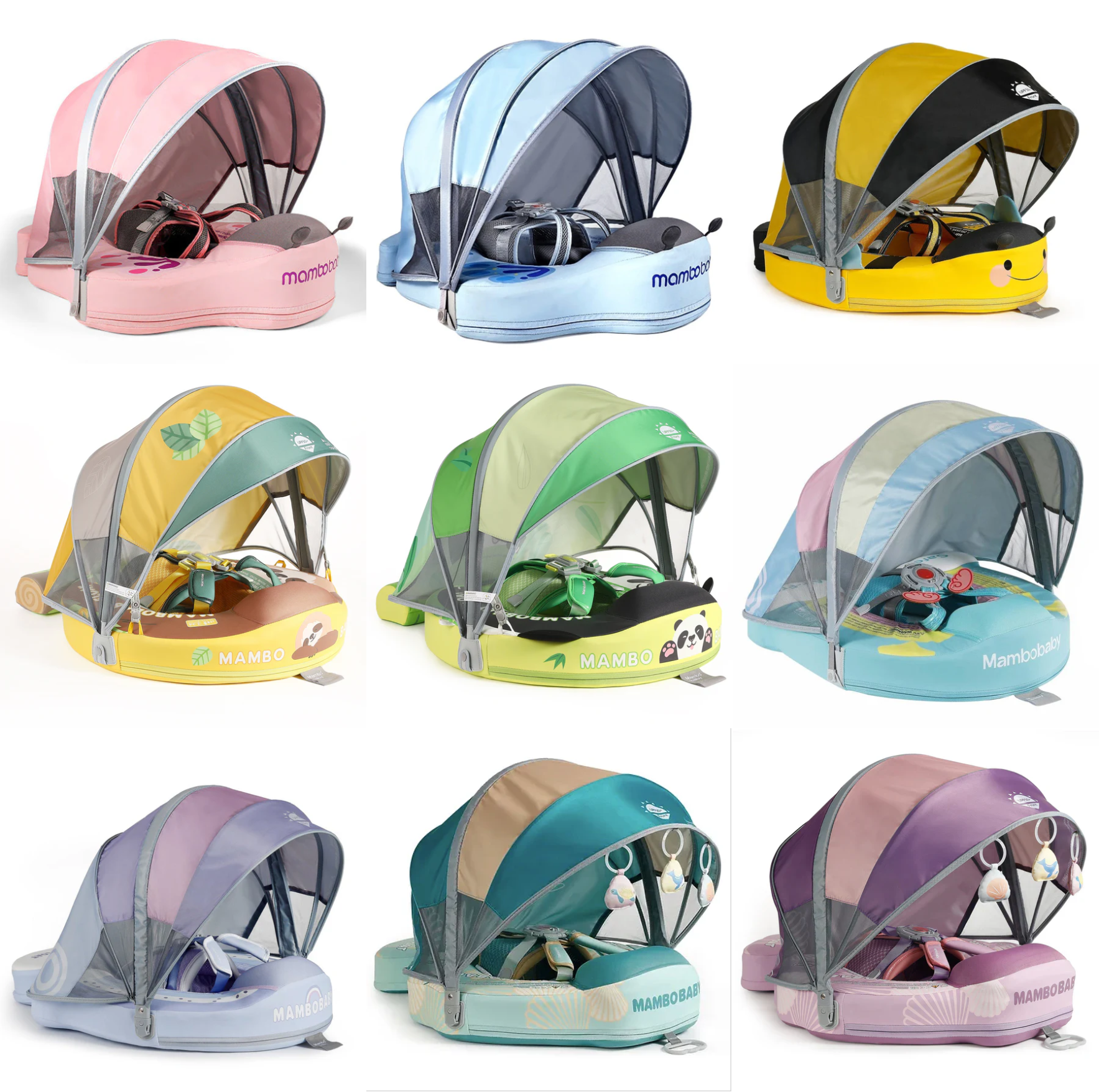 Overzicht van alle 9 Mambobaby Zwemband (Onzinkbaar) varianten met UPF 50+ Zonnekap, inclusief de Gele Bij, Roze Vlinder, Blauwe Vlinder, Panda, Luiaard, Groene en Paarse Schelp, en Groene en Paarse Regenboog modellen, geschikt voor 3-24 maanden.