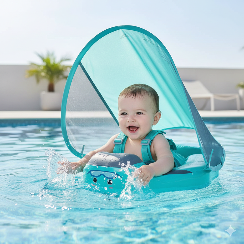 Een baby die veilig zwemt in de onzinkbare Mambobaby Float met blauwe zonnekap.