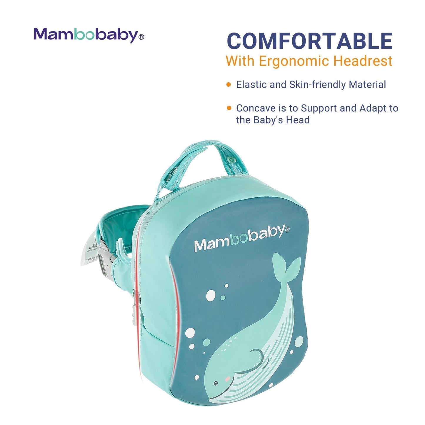 De zachte, ergonomische hoofdsteun van de Mambobaby™ float. Ontworpen met een ideale hoek van 45 graden om de nek van de baby te ondersteunen en te voorkomen dat er water in het gezichtje komt.