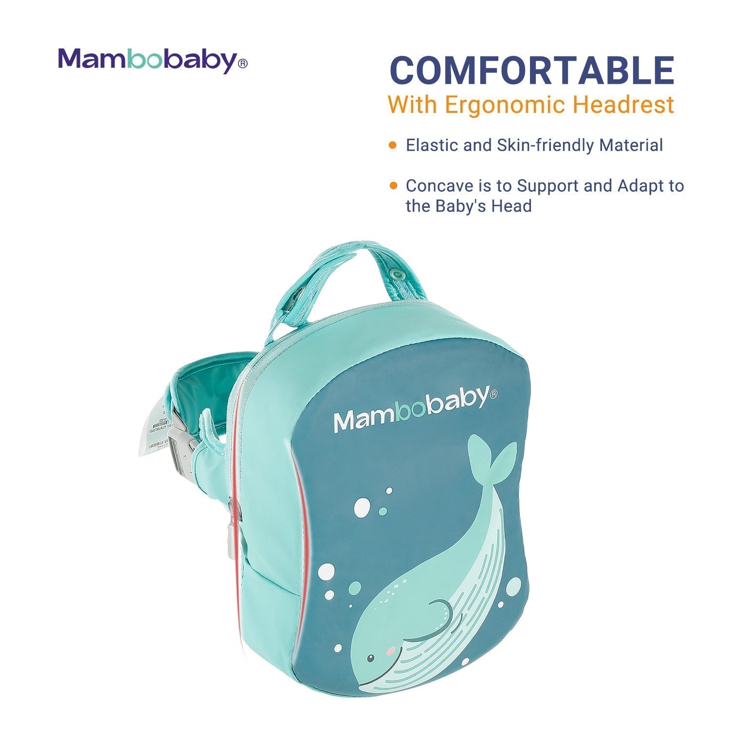 De zachte, ergonomische hoofdsteun van de Mambobaby™ float. Ontworpen met een ideale hoek van 45 graden om de nek van de baby te ondersteunen en te voorkomen dat er water in het gezichtje komt.
