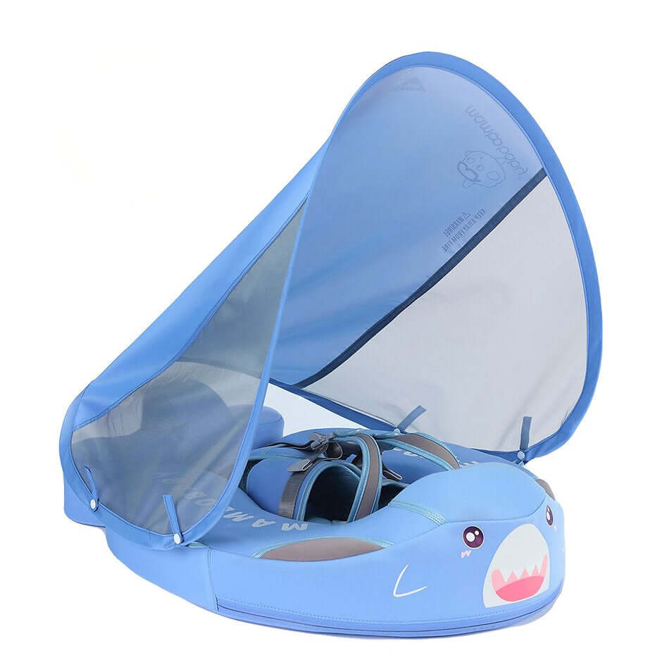 Hoofdafbeelding van de Blauwe Haai Mambobaby Float met het afneembare staartstuk voor extra stabiliteit.