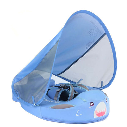 Hoofdafbeelding van de Blauwe Haai Mambobaby Float met het afneembare staartstuk voor extra stabiliteit.