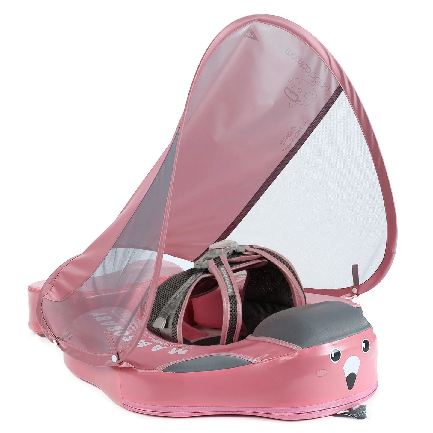 Zijaanzicht van de Roze Flamingo Mambobaby Float met de UPF 50+ Zonnekap in het water.