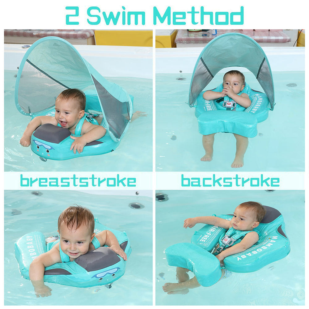 De twee zwemposities van de Mambobaby zwemtrainer: rugslag en borstcrawl.