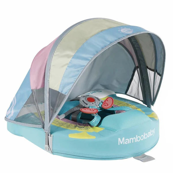 "Hoofdafbeelding van de Mambobaby Groene Regenboog Zwemband (Onzinkbaar) met UPF 50+ Zonnekap, geschikt voor 3-24 maanden."
