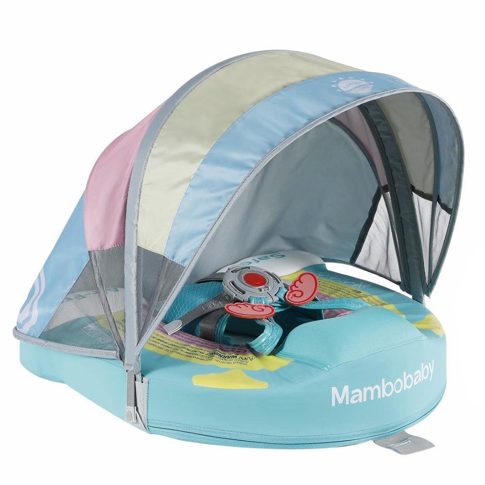 "Hoofdafbeelding van de Mambobaby Groene Regenboog Zwemband (Onzinkbaar) met UPF 50+ Zonnekap, geschikt voor 3-24 maanden."