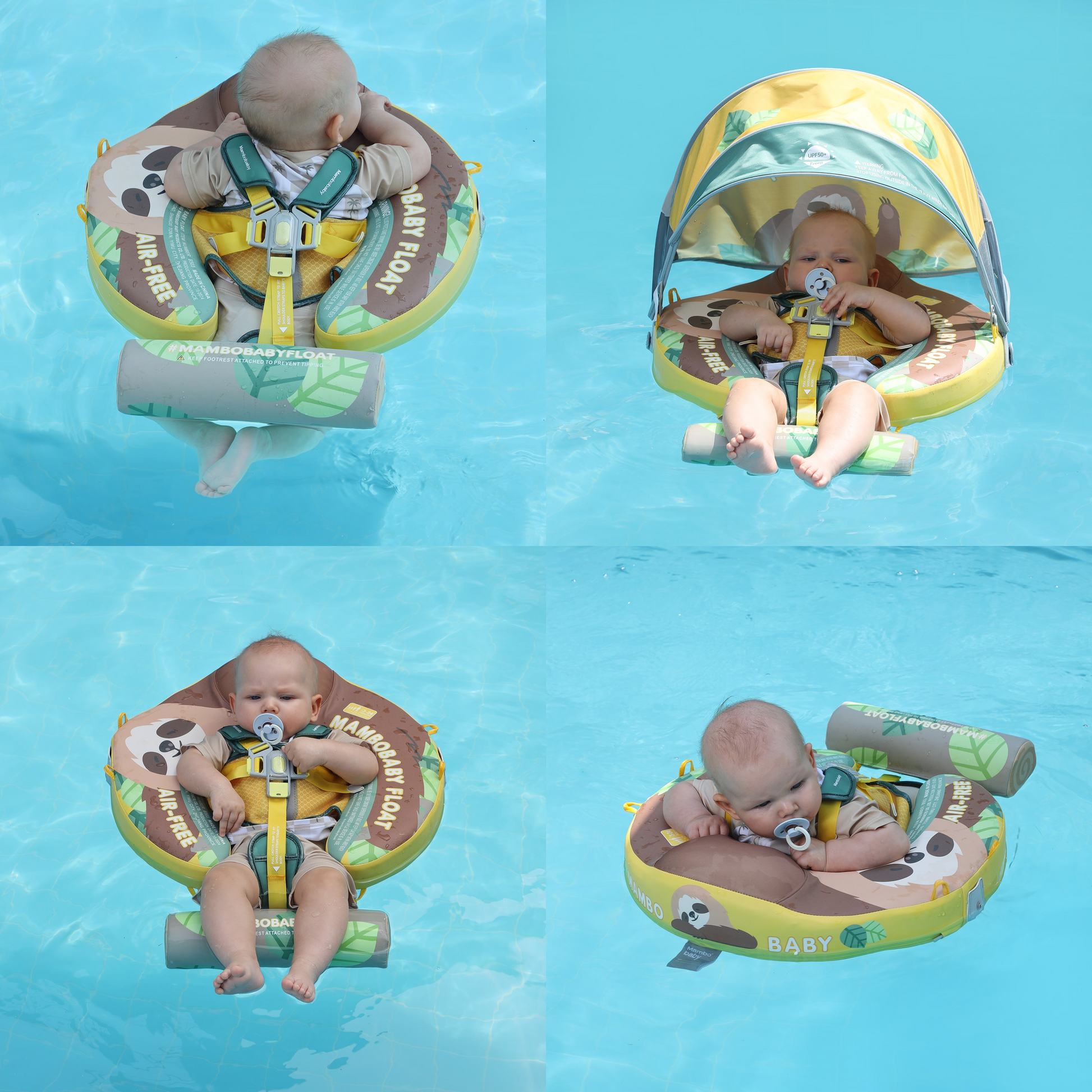 "Illustratie van de 2 ondersteunde zwemposities (Rugslagmodus en Borstcrawlmodus) van de Mambobaby Luiaard Zwemband, die de vroege motorische ontwikkeling en watervrijheid stimuleren."