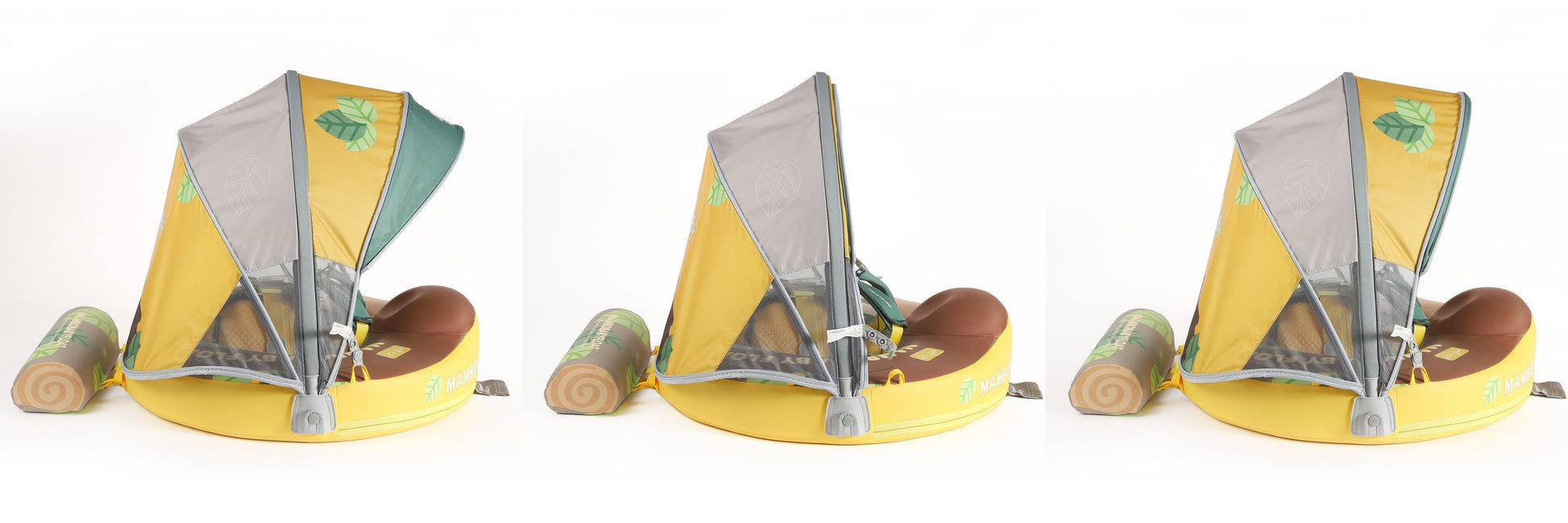 "Detailafbeelding van het verstelbare en afneembare mechanisme van de UPF 50+ Zonnekap op de Mambobaby Luiaard Zwemband, voor flexibele zonwering en gemakkelijke opslag."