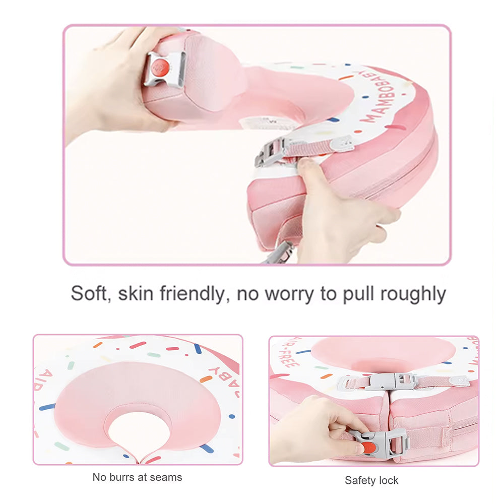 Close-up van de dubbele veiligheidssluiting (2-punts systeem) van de Mambobaby™ nek zwemband. Deze dubbele gespen zorgen voor een extra veilige en betrouwbare bevestiging voor baby's van 0-12 maanden.