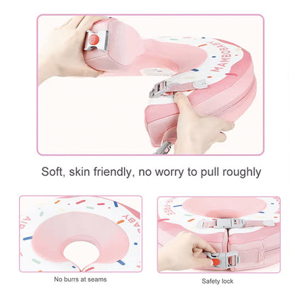 Close-up van de dubbele veiligheidssluiting (2-punts systeem) van de Mambobaby™ nek zwemband. Deze dubbele gespen zorgen voor een extra veilige en betrouwbare bevestiging voor baby's van 0-12 maanden.