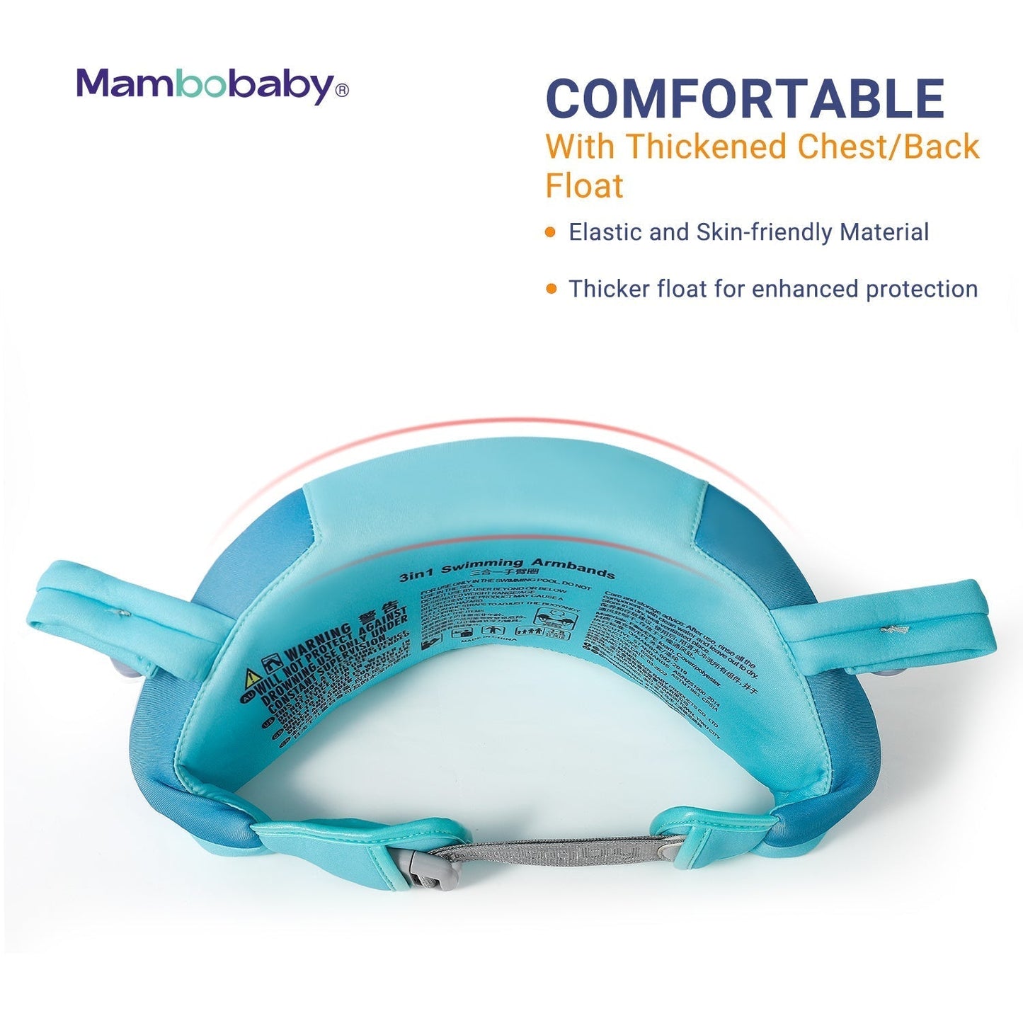 De Mambobaby™ Air-Free oefen zwemset is ontworpen voor maximaal comfort. De zachte, huidvriendelijke textielbekleding voorkomt schuren en irritatie, waardoor kinderen van 3-8 jaar met volledige bewegingsvrijheid kunnen leren zwemmen.