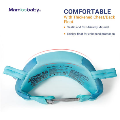 De Mambobaby™ Air-Free oefen zwemset is ontworpen voor maximaal comfort. De zachte, huidvriendelijke textielbekleding voorkomt schuren en irritatie, waardoor kinderen van 3-8 jaar met volledige bewegingsvrijheid kunnen leren zwemmen.