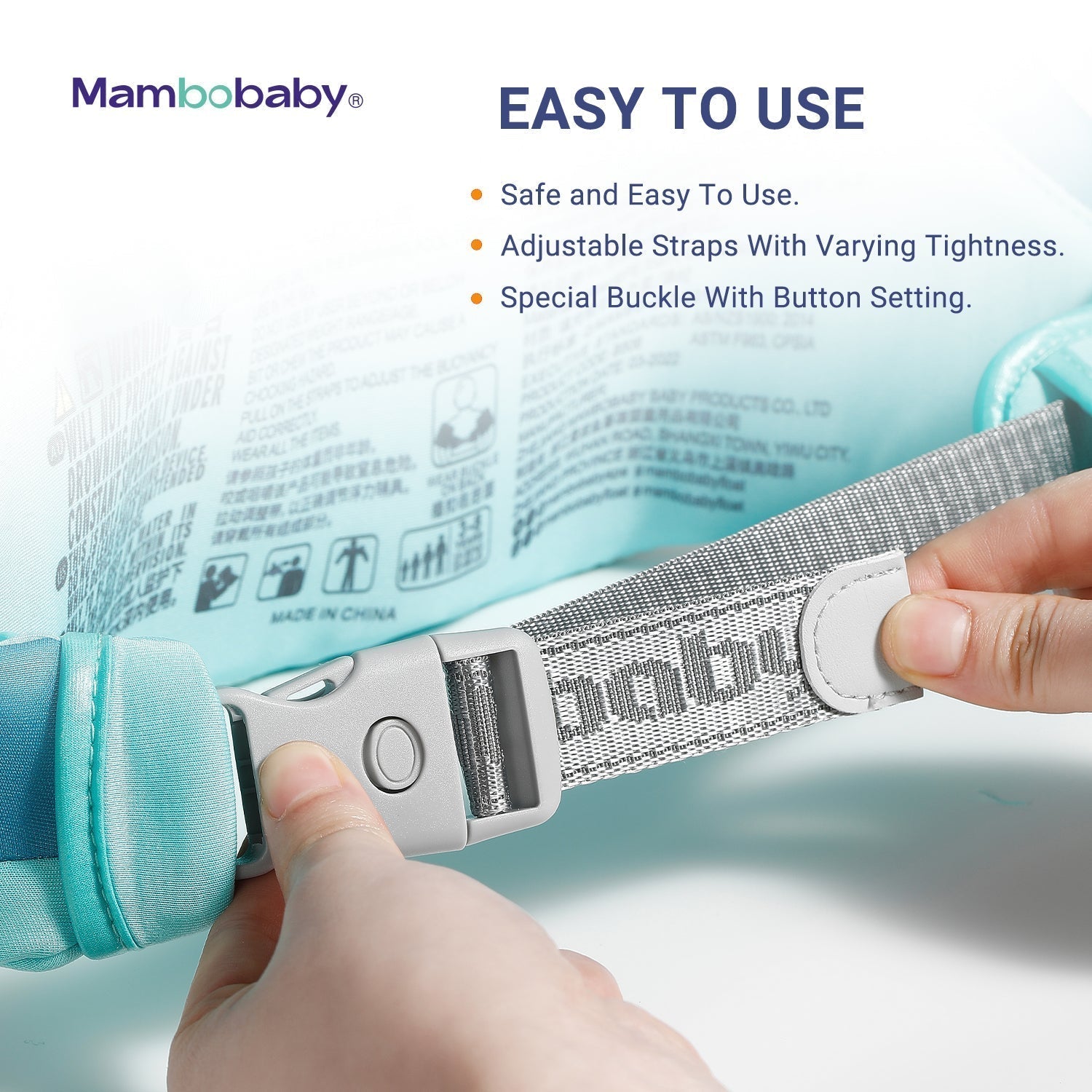 De Mambobaby™ Air-Free oefen zwemset is voorzien van eenvoudig verstelbare riemen voor een perfecte en veilige pasvorm. Dankzij de handige veiligheidsgesp met slot is deze niet-opblaasbare zwemtrainer extreem gebruiksvriendelijk en groeit hij mee met kinderen van 3 tot 8 jaar.