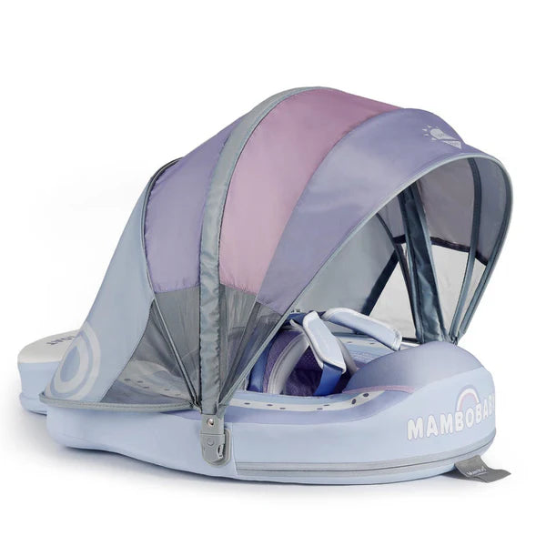 "Hoofdafbeelding van de Mambobaby Paarse Regenboog Zwemband (Onzinkbaar) met UPF 50+ Zonnekap, geschikt voor 3-24 maanden."