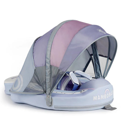"Hoofdafbeelding van de Mambobaby Paarse Regenboog Zwemband (Onzinkbaar) met UPF 50+ Zonnekap, geschikt voor 3-24 maanden."