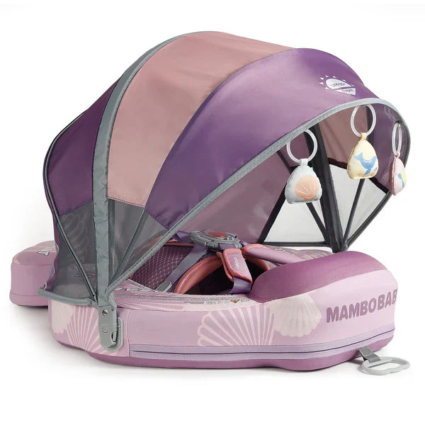 "Hoofdafbeelding van de Mambobaby Paarse Schelp Zwemband (Onzinkbaar) met Verstelbare Zonnekap, geschikt voor baby's van 3 tot 24 maanden."