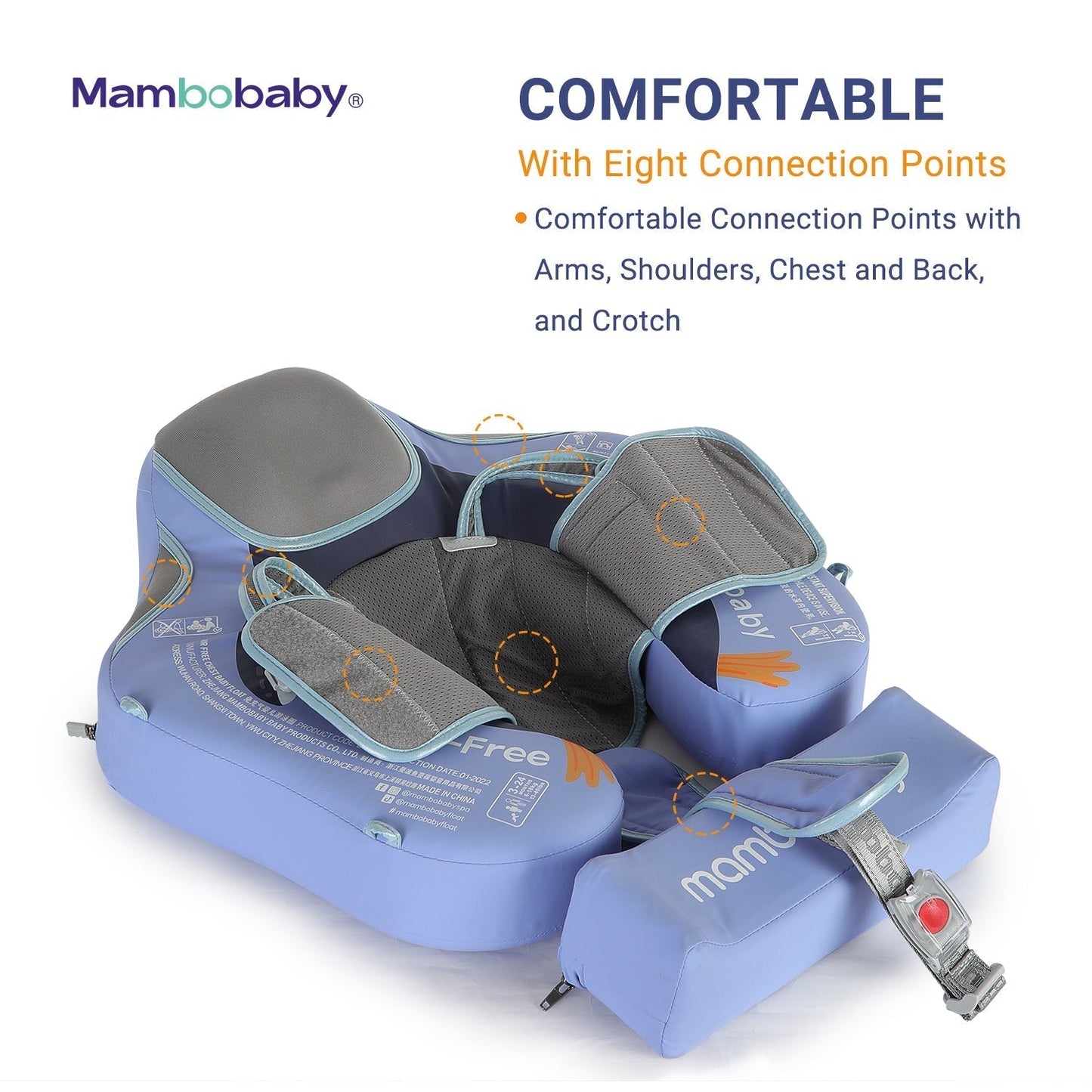 Twee ergonomische zwemhoudingen (rugslag en borstslag) op de Mambobaby Pinguïn float.