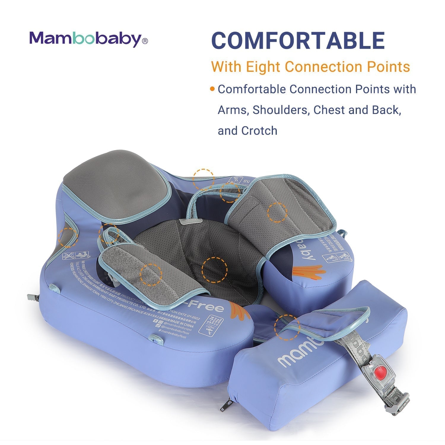 Twee ergonomische zwemhoudingen (rugslag en borstslag) op de Mambobaby Pinguïn float.