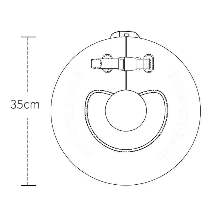 De afmetingen van de Mambobaby™ Upgraded nek zwemband (Bootjes-editie): een buitendiameter van 35 cm voor maximale stabiliteit en een binnendiameter van 9 cm voor een veilige pasvorm bij baby's van 0-12 maanden.