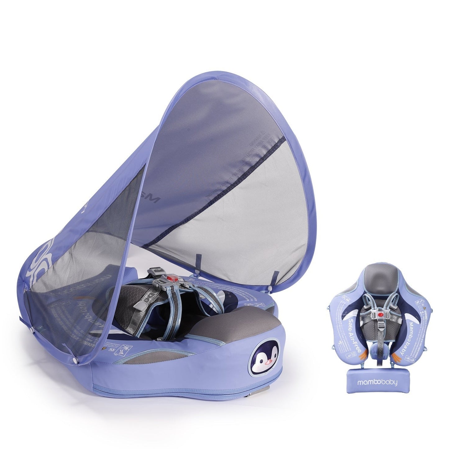 De afneembare UPF 50+ zonnekap op de Mambobaby Pinguïn baby float voor zonbescherming.