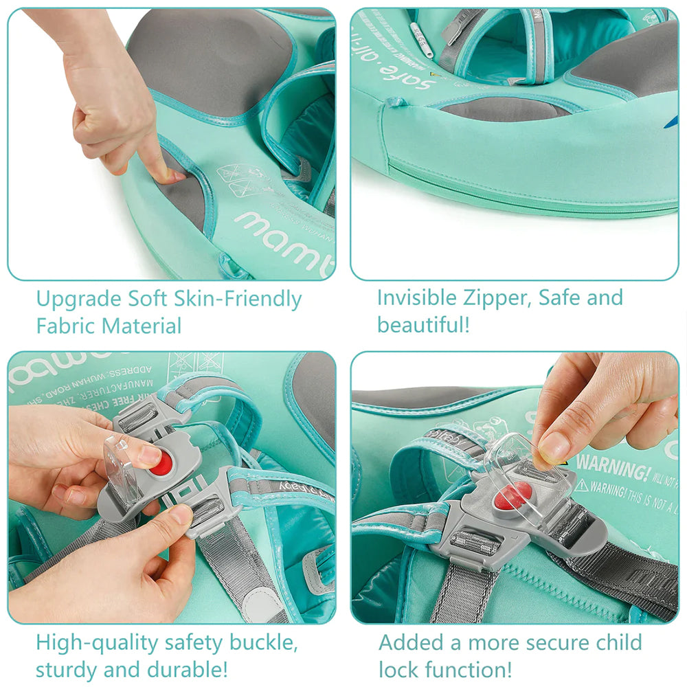 Visuele instructies die het belang van altijd toezicht en correct gebruik van de Mambobaby Zwemtrainer benadrukken.