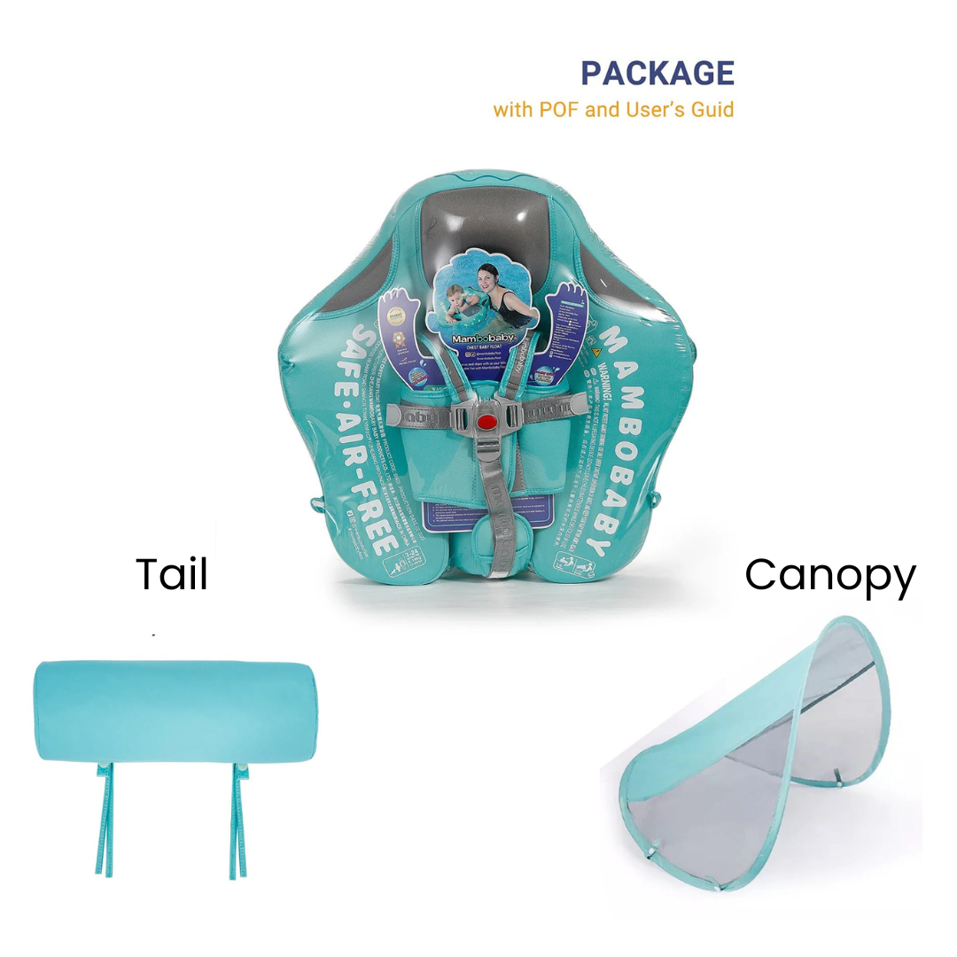 Het afneembare UPF 50+ zonnescherm van de Mambobaby baby float voor UV-bescherming.