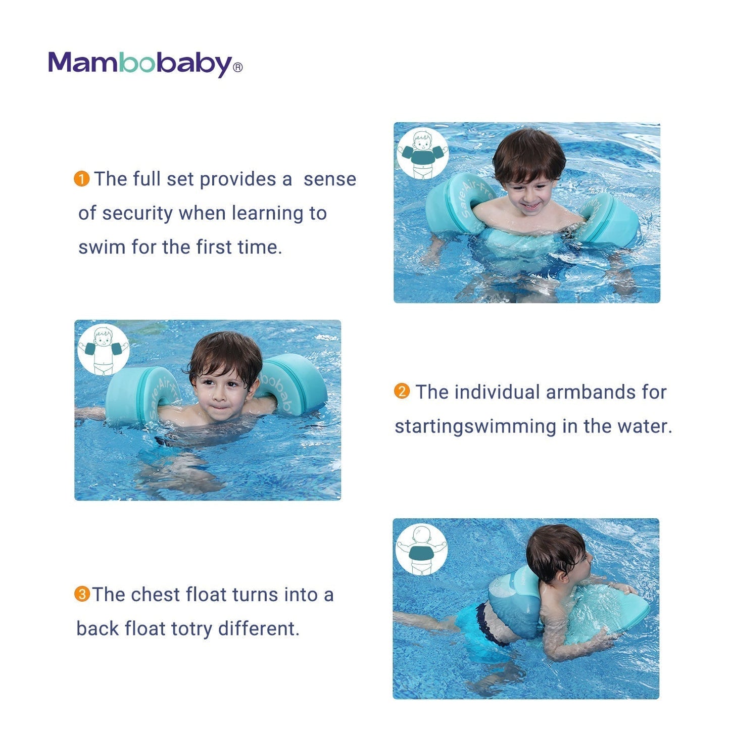 Het 3-stappen leersysteem van de Mambobaby zwemset: van maximale ondersteuning naar onafhankelijk zwemmen.