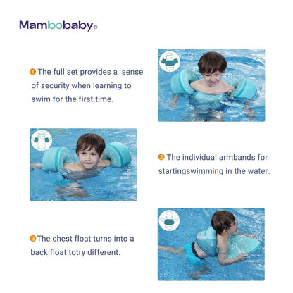 Het 3-stappen leersysteem van de Mambobaby zwemset: van maximale ondersteuning naar onafhankelijk zwemmen.